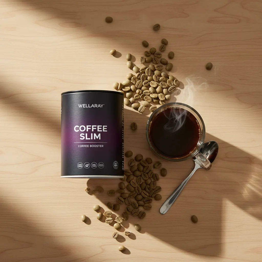 Wellaray Coffee Slim Coffee Booster auf einem Holztisch mit Kaffeeglas und grünen Bohnen - Lifestyle Flat Lay